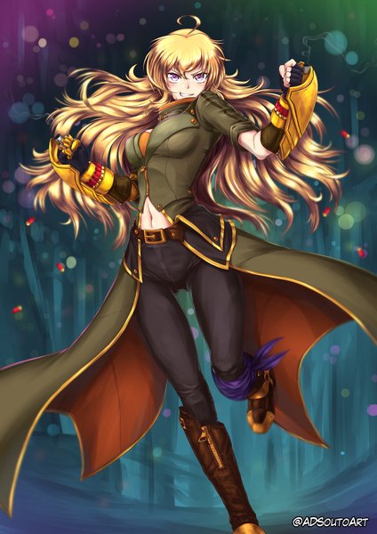 Anime picture 1240x1754 with rwby rooster teeth yang xiao long adsouto single long hair tall image looking at viewer breasts blonde hair smile large breasts standing purple eyes ahoge grin standing on one leg smoke girl gloves