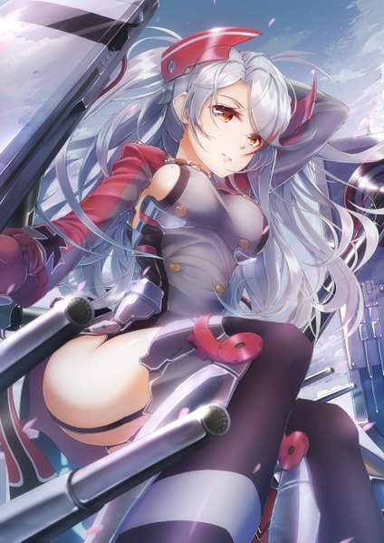 Anime picture 992x1403 with azur lane prinz eugen (azur lane) imo bouya single long hair tall image looking at viewer fringe breasts light erotic hair between eyes sitting yellow eyes sky silver hair cloud (clouds) ahoge bent knee (knees) ass outdoors