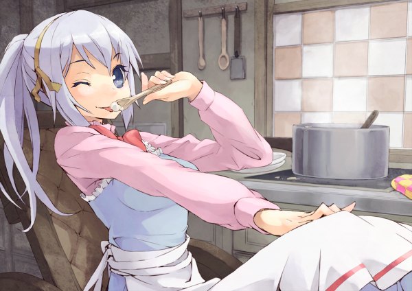 Anime picture 1200x848 with tegami bachi sylvette suede risou (maeda risou) single long hair blue eyes smile ponytail one eye closed wink steam girl ribbon (ribbons) hair ribbon hairband tongue apron armchair tiles spoon