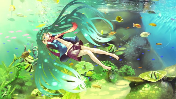 Anime picture 1920x1079 with vocaloid hatsune miku furai (furai127) single long hair highres blue eyes wide image twintails barefoot green hair underwater girl headphones scarf fish (fishes)