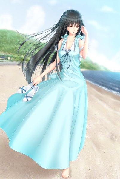 Anime picture 804x1200 with original k2-atelier single long hair tall image black hair red eyes holding looking away sky cloud (clouds) barefoot wind sleeveless beach adjusting hair girl dress sea sundress