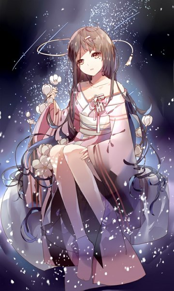 Anime picture 600x1000 with original fre single tall image fringe brown hair sitting bare shoulders brown eyes very long hair traditional clothes japanese clothes mole mole under eye girl hair ornament flower (flowers) socks kimono hairclip