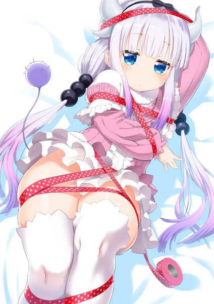 Anime picture 848x1200 with kobayashi-san chi no maidragon kyoto animation kanna kamui saruchitan single long hair tall image blush fringe blue eyes light erotic twintails payot tail blunt bangs parted lips multicolored hair horn (horns) :o shadow