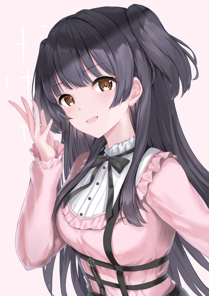 Anime picture 1500x2121 with idolmaster idolmaster shiny colors mayuzumi fuyuko kachayori single long hair tall image looking at viewer blush fringe breasts open mouth black hair simple background smile standing brown eyes upper body blunt bangs long sleeves