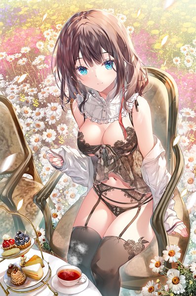 Anime picture 795x1200 with original miwabe sakura single long hair tall image looking at viewer fringe breasts blue eyes light erotic brown hair sitting cleavage outdoors blunt bangs fingernails from above light smile off shoulder arm support