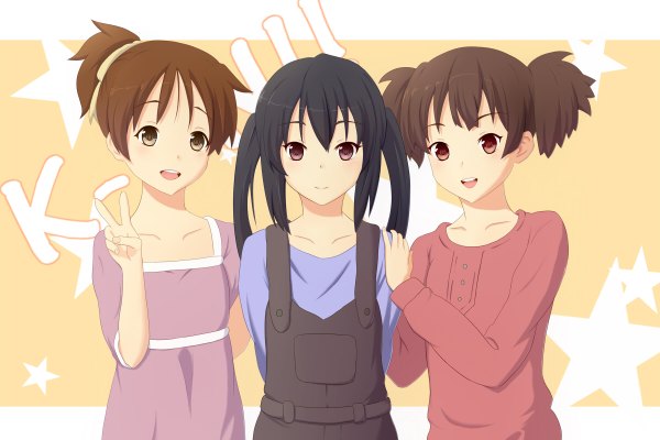 Anime picture 1200x800 with k-on! kyoto animation nakano azusa hirasawa ui suzuki jun momo no kanzume black hair red eyes brown hair twintails multiple girls brown eyes short twintails victory group girl 3 girls