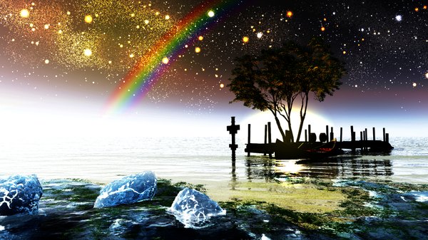 Anime picture 1920x1080 with original y-k highres wide image sky no people landscape scenic multicolored plant (plants) tree (trees) water star (stars) watercraft ice rainbow boat