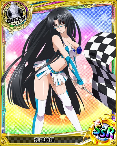 Anime picture 640x800 with highschool dxd shinra tsubaki single tall image looking at viewer breasts light erotic black hair brown eyes very long hair torn clothes card (medium) girl thighhighs skirt miniskirt glasses flag checkered flag