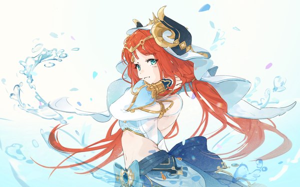 Anime picture 1892x1182 with genshin impact nilou (genshin impact) umbra zhuitaiyang single long hair looking at viewer blush fringe highres simple background smile wide image twintails upper body red hair blunt bangs long sleeves arm up horn (horns) aqua eyes