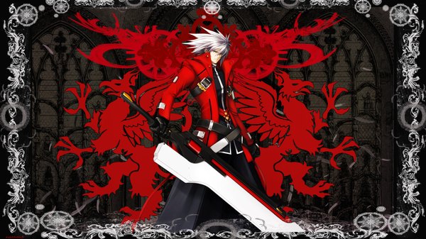 Anime picture 1920x1080 with blazblue blazblue phase 0 ragna the bloodedge single highres short hair wide image white hair heterochromia boy gloves weapon cloak huge weapon huge sword