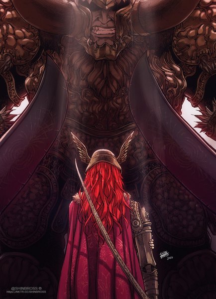 Anime picture 1000x1382 with elden ring malenia blade of miquella starscourge radahn shinbross long hair tall image standing signed red hair horn (horns) from behind twitter username clenched teeth 2022 girl boy armor cape helmet prosthesis