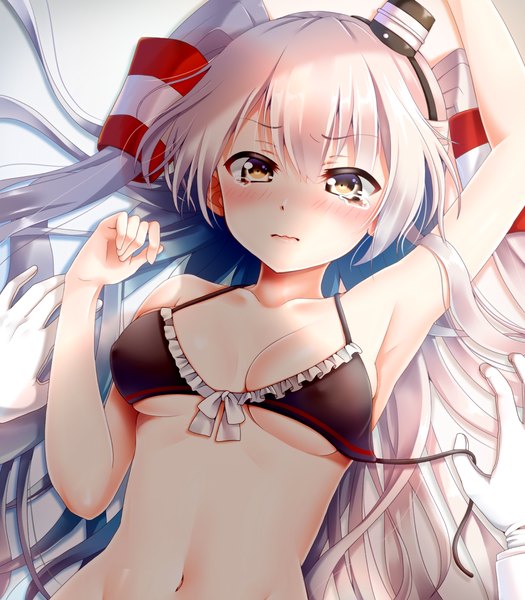 Anime picture 1000x1142 with kantai collection amatsukaze destroyer admiral (kantai collection) hakuda tofu long hair tall image looking at viewer blush fringe breasts light erotic brown eyes white hair lying bare belly on back two side up tears underboob girl