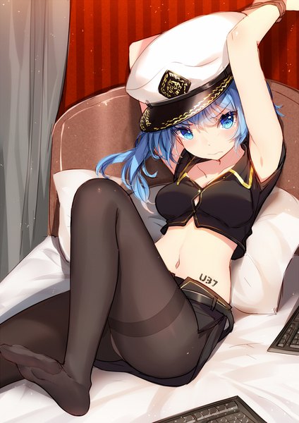 Anime picture 800x1131 with warship girls r bison cangshu single long hair tall image looking at viewer blush fringe blue eyes light erotic sitting blue hair bent knee (knees) arms up midriff embarrassed no shoes character names side ponytail bound hands