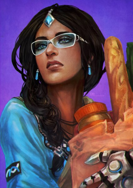 Anime picture 2480x3508 with overwatch blizzard entertainment symmetra (overwatch) monori rogue single long hair tall image highres black hair green eyes signed looking away braid (braids) realistic turning head dark skin single braid portrait purple background mechanical arms