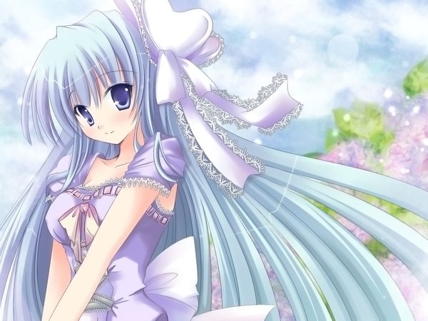 Anime picture 1600x1200 with single long hair looking at viewer blue eyes smile blue hair girl dress ribbon (ribbons)