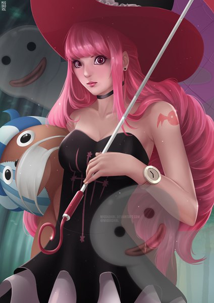 Anime picture 1920x2715 with one piece toei animation perona miqdadhbl single long hair tall image looking at viewer fringe highres standing bare shoulders holding signed payot pink hair blunt bangs pink eyes tattoo ghost