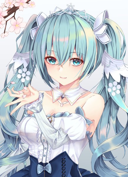 Anime picture 2984x4117 with vocaloid hatsune miku yuki miku yuki miku (2019) cup6542 single long hair tall image blush fringe highres breasts simple background smile hair between eyes twintails bare shoulders cleavage upper body aqua eyes
