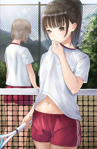 Anime picture 1625x2500 with original shii (kairi-t-k0317) long hair tall image blush fringe short hair light erotic brown hair standing multiple girls brown eyes payot looking away outdoors ponytail blunt bangs parted lips grey hair from behind