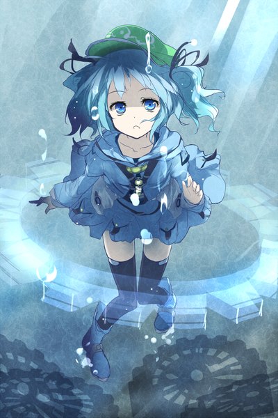 Anime picture 666x1000 with touhou kawashiro nitori loxodon single tall image looking at viewer short hair blue eyes twintails blue hair short twintails underwater girl thighhighs ribbon (ribbons) black thighhighs hair ribbon hat flat cap gears