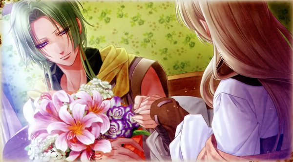 Anime picture 1500x832 with snow bound land idea factory gerda (snow bound land) orva long hair fringe brown hair wide image purple eyes green hair scan couple holding hands girl boy flower (flowers) bouquet neckerchief room shawl
