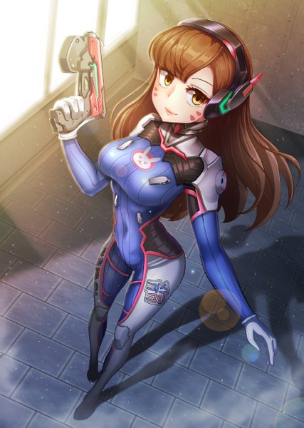Anime picture 3508x4924 with overwatch blizzard entertainment d.va (overwatch) gui ss single long hair tall image looking at viewer fringe highres breasts smile brown hair standing holding brown eyes absurdres full body indoors from above