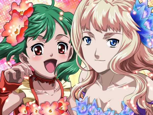 Anime picture 1200x900 with macross macross frontier sheryl nome ranka lee kutsuno blue eyes blonde hair red eyes green hair