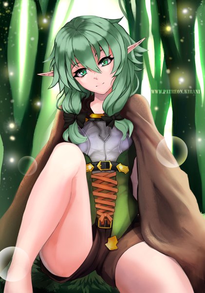 Anime picture 1728x2463 with goblin slayer! high elf archer (goblin slayer!) kirani single long hair tall image looking at viewer blush fringe highres light erotic hair between eyes sitting green eyes payot bent knee (knees) head tilt green hair light smile pointy ears