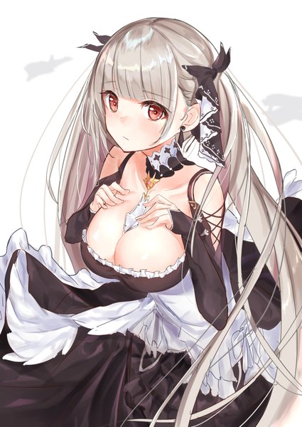 Anime picture 724x1023 with azur lane formidable (azur lane) no name nonem single long hair tall image looking at viewer blush fringe breasts light erotic simple background red eyes large breasts standing white background twintails cleavage blunt bangs grey hair