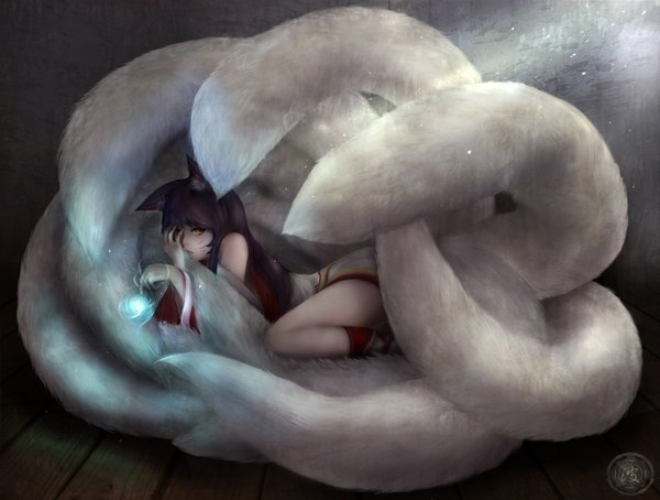 Anime picture 1500x1136 with league of legends ahri (league of legends) zhang xiao bo single long hair looking at viewer fringe animal ears yellow eyes looking away purple hair bent knee (knees) tail animal tail fox ears magic facial mark glowing fox tail light
