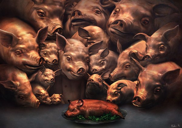 イラスト 1280x904 と オリジナル ryohei hase 壁紙 男性 動物 食べ物 お皿 pig crowd