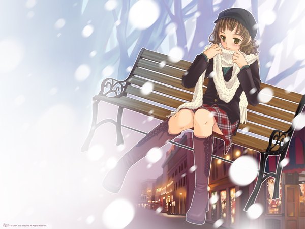 Anime picture 1600x1200 with original takigawa yuu single looking at viewer short hair brown hair sitting brown eyes signed light smile plaid skirt snowing knees together feet apart outline 2004 girl skirt scarf building (buildings) knee boots