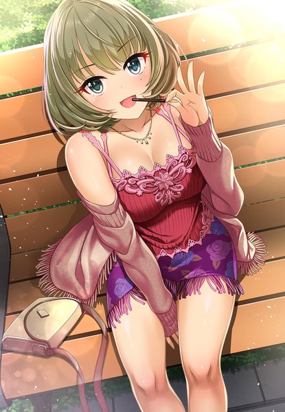 Anime picture 900x1300 with idolmaster idolmaster cinderella girls takagaki kaede kazu single tall image looking at viewer blush fringe short hair breasts open mouth blue eyes light erotic smile hair between eyes large breasts sitting bare shoulders holding