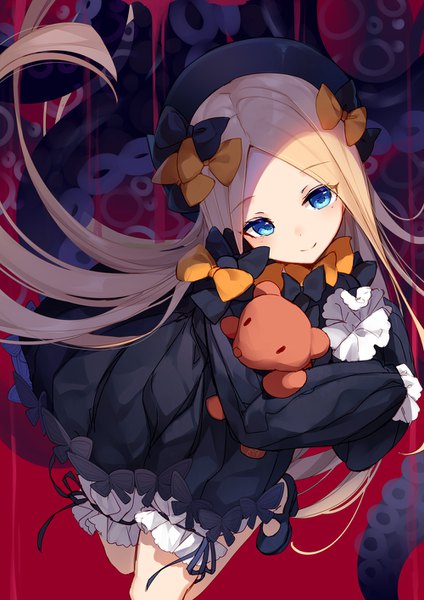 Anime picture 1000x1414 with fate (series) fate/grand order abigail williams (fate) bison cangshu single long hair tall image looking at viewer blush fringe blue eyes blonde hair smile long sleeves head tilt floating hair hands in sleeves girl dress bow