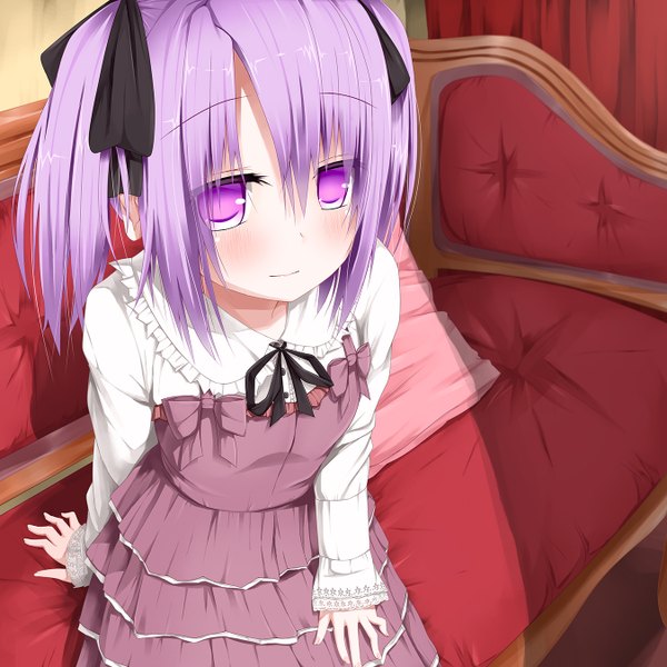 Anime picture 1350x1350 with original toguro (ojui0101) single long hair blush sitting purple eyes purple hair girl dress ribbon (ribbons) hair ribbon couch