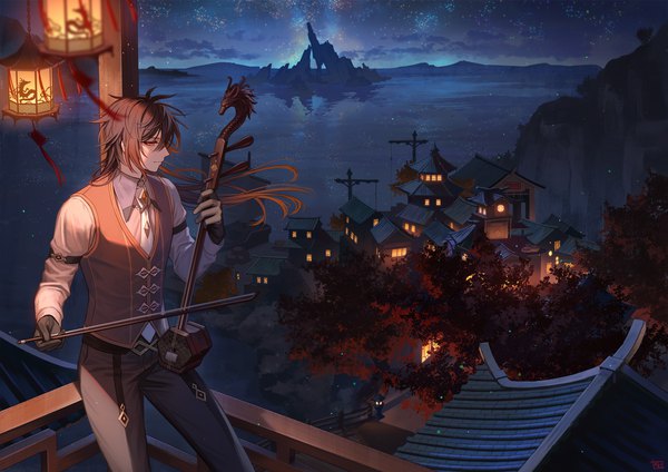 Anime picture 1754x1240 with genshin impact zhongli (genshin impact) esukee single long hair fringe highres hair between eyes brown hair from above night horizon playing instrument architecture east asian architecture boy gloves black gloves sea vest