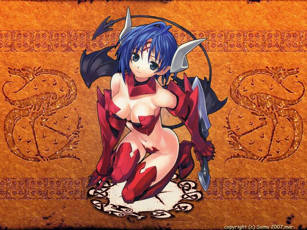 Anime picture 1600x1200 with tagme (copyright) matsuryuu single looking at viewer short hair breasts light erotic large breasts holding blue hair full body ahoge tail head tilt horn (horns) pointy ears black eyes high heels kneeling demon girl