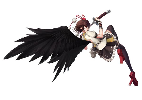 Anime picture 1772x1252 with touhou shameimaru aya shinebell single highres short hair simple background red eyes brown hair white background girl thighhighs dress weapon black thighhighs hat sword wings katana pom pom (clothes)