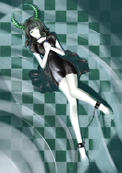 Anime picture 2893x4092 with black rock shooter dead master brianchan.t.w single long hair tall image highres black hair green eyes barefoot horn (horns) from above tears partially submerged drill hair checkered floor floor girl dress water