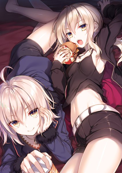 Anime picture 1003x1416 with fate (series) fate/grand order fate/stay night fate/apocrypha artoria pendragon (all) jeanne d'arc (fate) (all) jeanne d'arc alter (fate) saber alter toosaka asagi long hair tall image looking at viewer fringe short hair open mouth blonde hair smile hair between eyes multiple girls yellow eyes