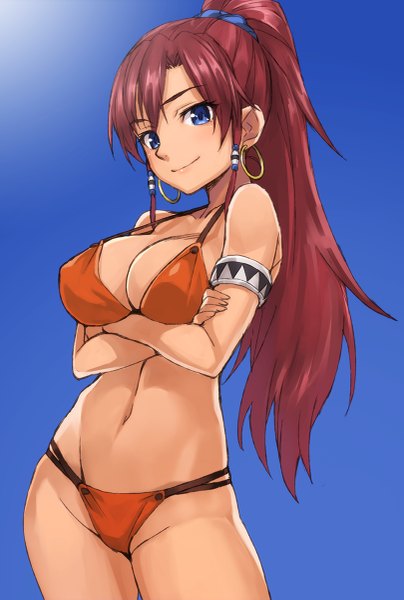 Anime picture 809x1200 with suisei no gargantia production i.g bellows (suisei no gargantia) matsuryuu single long hair tall image looking at viewer breasts blue eyes light erotic bare shoulders sky ponytail red hair bare belly crossed arms tan girl navel