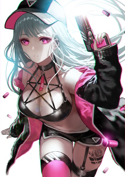 Anime-Bild 2894x4093 mit original terai (teraimorimori) single long hair tall image looking at viewer fringe highres breasts light erotic simple background large breasts white background holding cleavage silver hair blunt bangs nail polish parted lips pink eyes