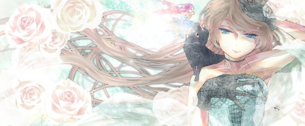 Anime picture 4566x1889 with kansou long hair highres blonde hair brown hair wide image bare shoulders pink hair aqua eyes light smile lacing fairy girl dress gloves flower (flowers) wings rose (roses) pendant cat