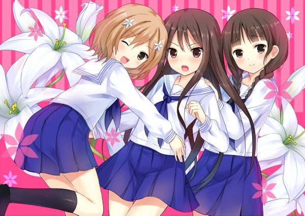 Anime picture 2400x1697 with hanasaku iroha p.a. works matsumae ohana oshimizu nako tsurugi minko koi (koisan) long hair highres short hair open mouth black hair smile brown hair multiple girls brown eyes braid (braids) one eye closed hair flower wink twin braids