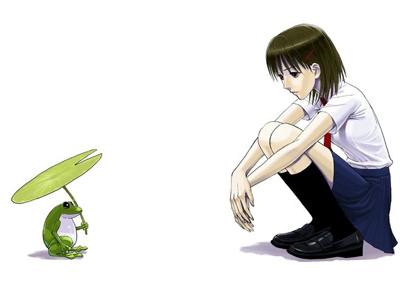 Anime picture 1132x800 with original lotz (artist) single fringe short hair black hair simple background white background holding shadow squat knees touching girl skirt uniform hair ornament school uniform shirt socks shoes