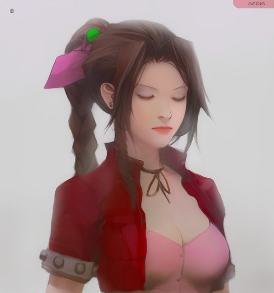 Anime picture 1044x1118 with final fantasy final fantasy vii square enix aerith gainsborough plusnine single long hair tall image simple background brown hair braid (braids) eyes closed grey background girl earrings