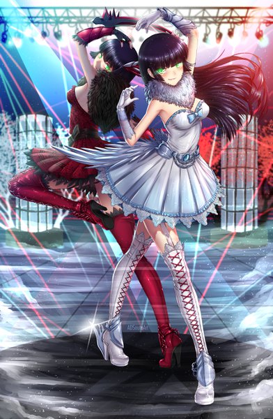 Anime picture 1718x2631 with rwby rooster teeth melanie malachite miltiades malachite adsouto long hair tall image looking at viewer blush fringe highres light erotic black hair smile standing multiple girls green eyes signed payot full body