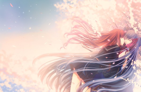 Anime picture 1200x783 with fate (series) fate/stay night fate/extra matou sakura porigon long hair open mouth multiple girls purple hair red hair eyes closed hug cherry blossoms shoujo ai girl skirt uniform ribbon (ribbons) 2 girls plant (plants)