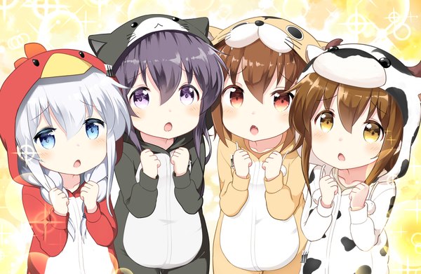 Anime picture 1093x714 with kantai collection gochuumon wa usagi desu ka? white fox hibiki destroyer akatsuki destroyer inazuma destroyer ikazuchi destroyer bell (satappe) long hair looking at viewer blush fringe short hair open mouth blue eyes black hair hair between eyes red eyes brown hair standing