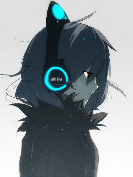 Anime picture 1200x1600 with original axent wear headphones tarbo (exxxpiation) single tall image short hair blue eyes black hair simple background animal ears looking away profile cat ears grey background close-up girl headphones fur cat ear headphones