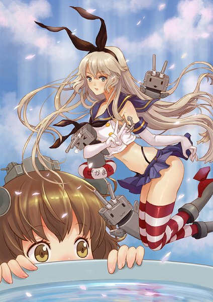 Anime picture 827x1170 with kantai collection shimakaze destroyer rensouhou-chan yukikaze destroyer teddy yang long hair tall image blush short hair light erotic blonde hair brown hair multiple girls brown eyes grey eyes zettai ryouiki victory :3 weightlessness > <